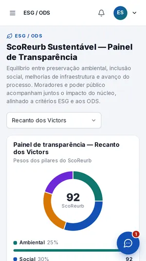 Painel ESG/ODS com gráfico de pilares do núcleo