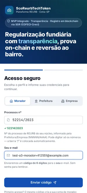 Tela de acesso do morador com nº do processo e e-mail para receber código de 6 dígitos