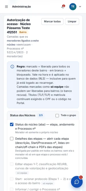 Tela de autorização de acesso por bairro, com camadas liberadas para os moradores