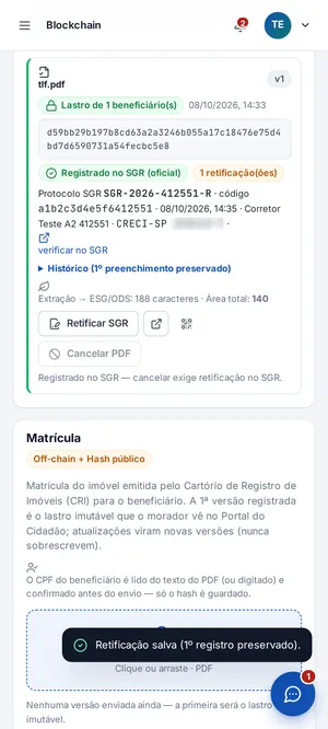 Documento TLF com hash SHA-256 e registro no SGR (COFECI-Creci)