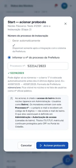 Janela Start para acionar o protocolo com o nº do processo da Prefeitura