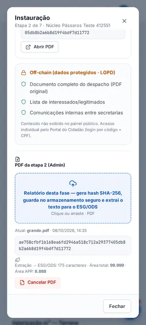 Envio de PDF da etapa com hash SHA-256 e extração de métricas para o ESG/ODS