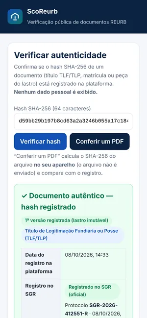 Página pública Verificar autenticidade confirmando documento autêntico
